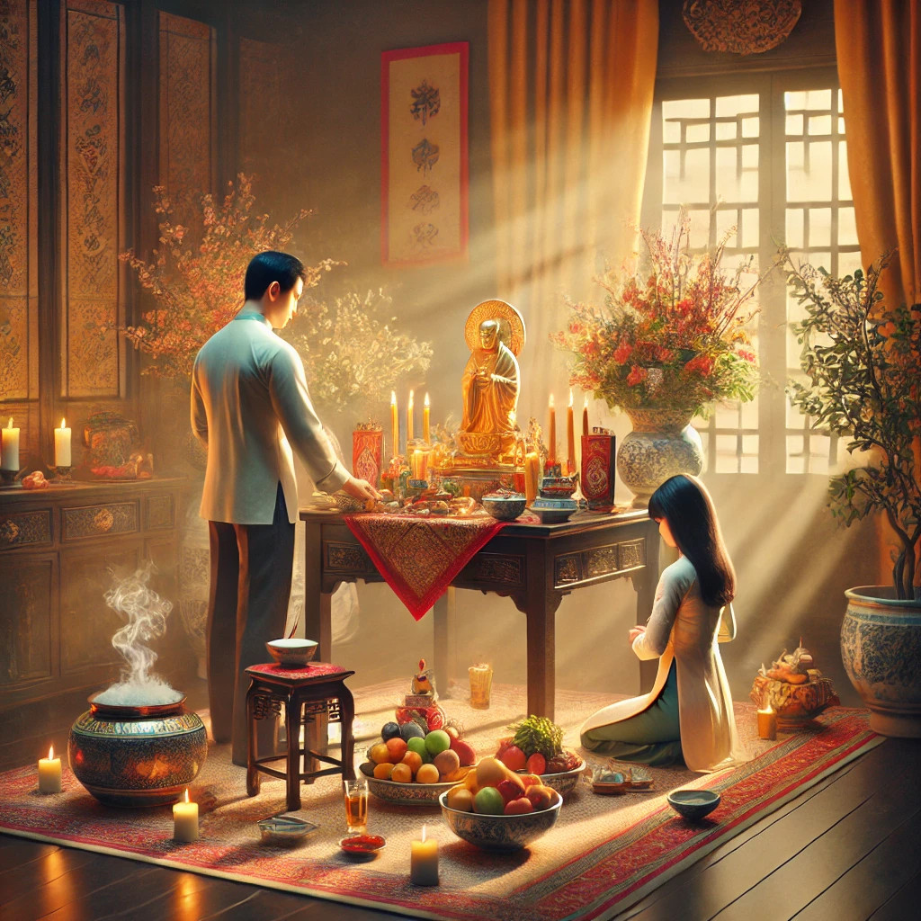 Bàn thờ cúng ông Công ông Táo với lễ vật đầy đủ chuẩn bị cho văn khấn gia tiên ngày 23 tháng Chạp.