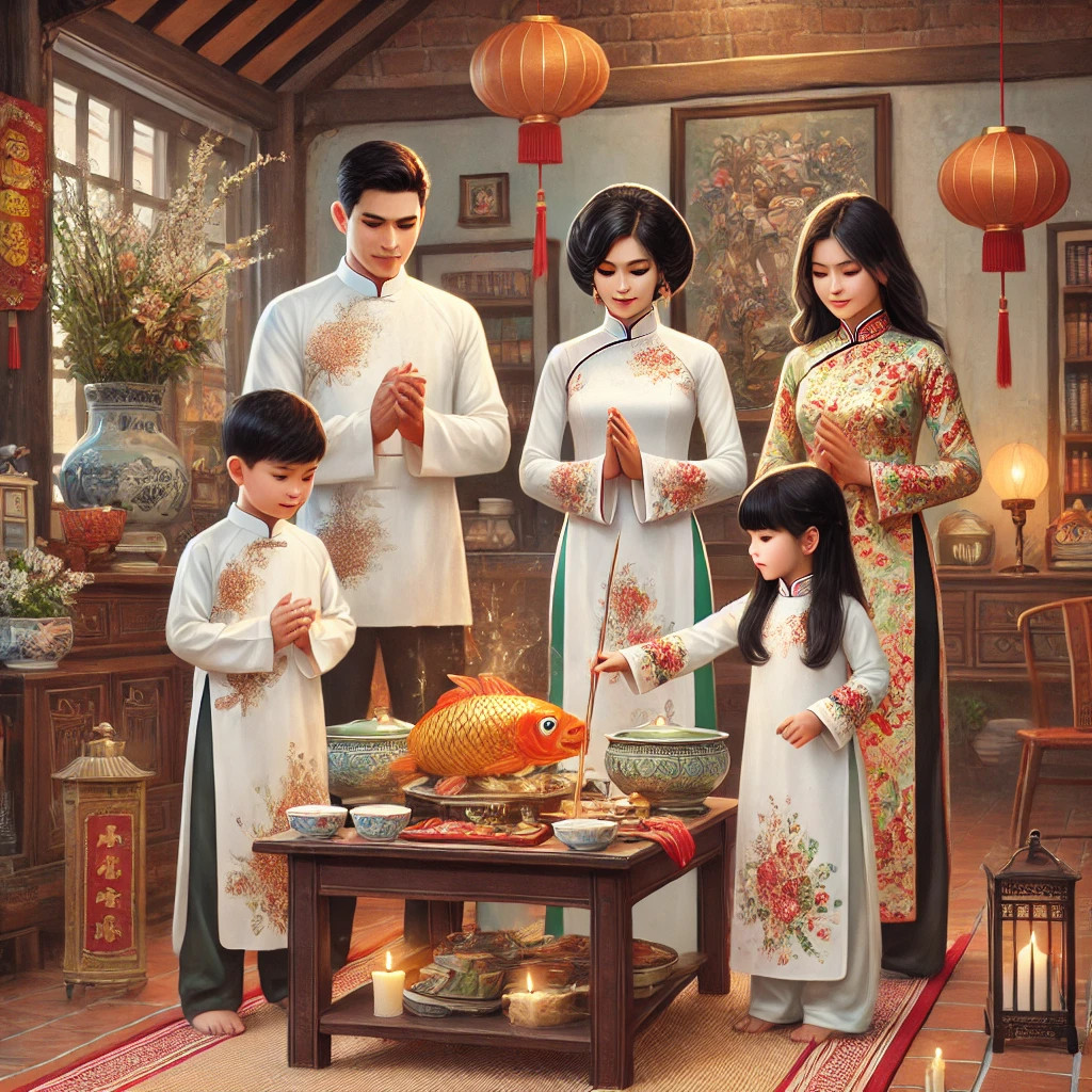 Bàn thờ Ông Công Ông Táo với cá chép và vàng mã