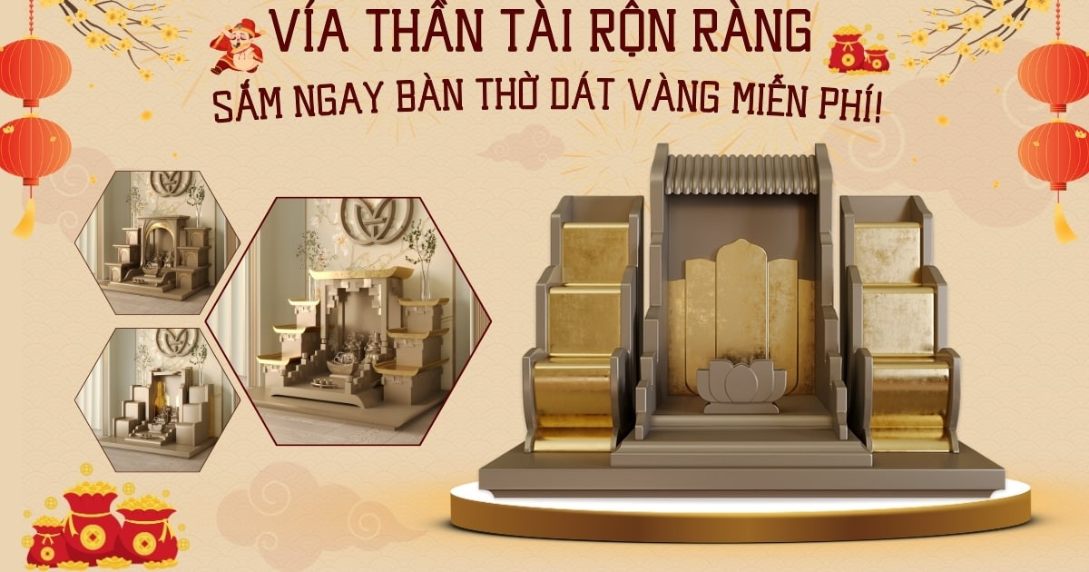Bàn thờ Thần Tài Ông Địa bằng gỗ đẹp mắt, được bài trí trang trọng với mâm cúng đầy đủ, biểu tượng cho sự thịnh vượng và tài lộc.