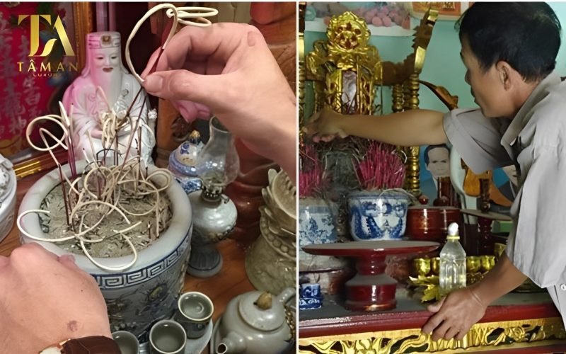 Chi tiết bàn thờ gia tiên và bát hương sau khi được bao sái