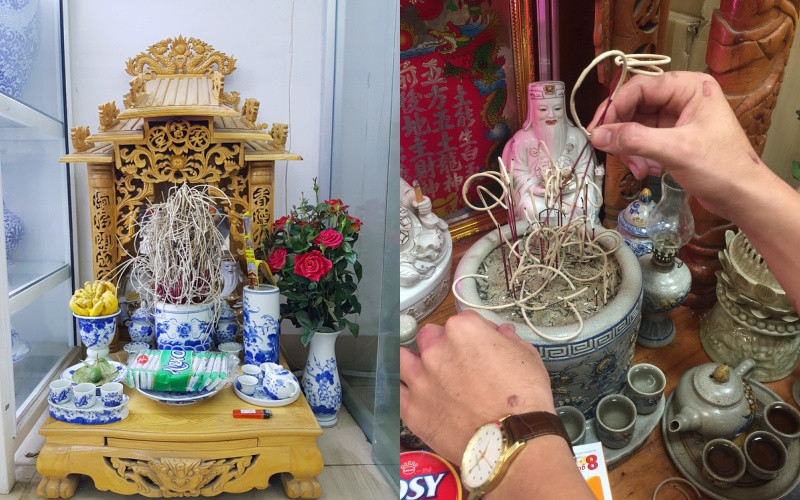 Dọn dẹp lư hương trong dọn bàn thờ Thần Tài