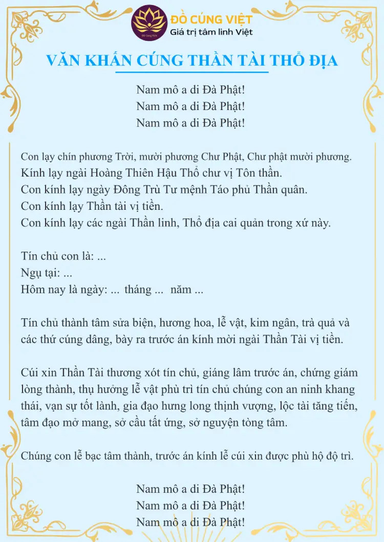 Bài văn khấn cúng Thần Tài và Thổ Địa