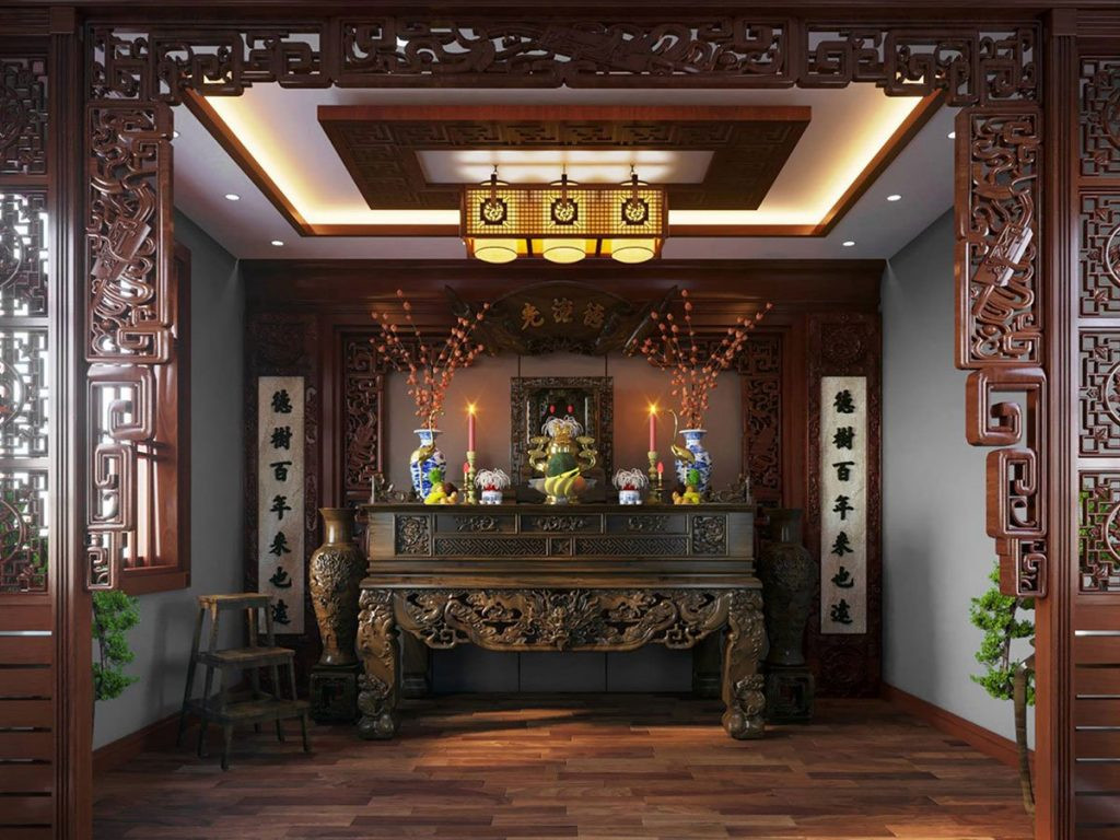 Bàn thờ gia tiên trang nghiêm, đặt trong không gian nhà hướng Tây cần tránh hướng Ngũ Quỷ để đảm bảo bình an và tài vận.