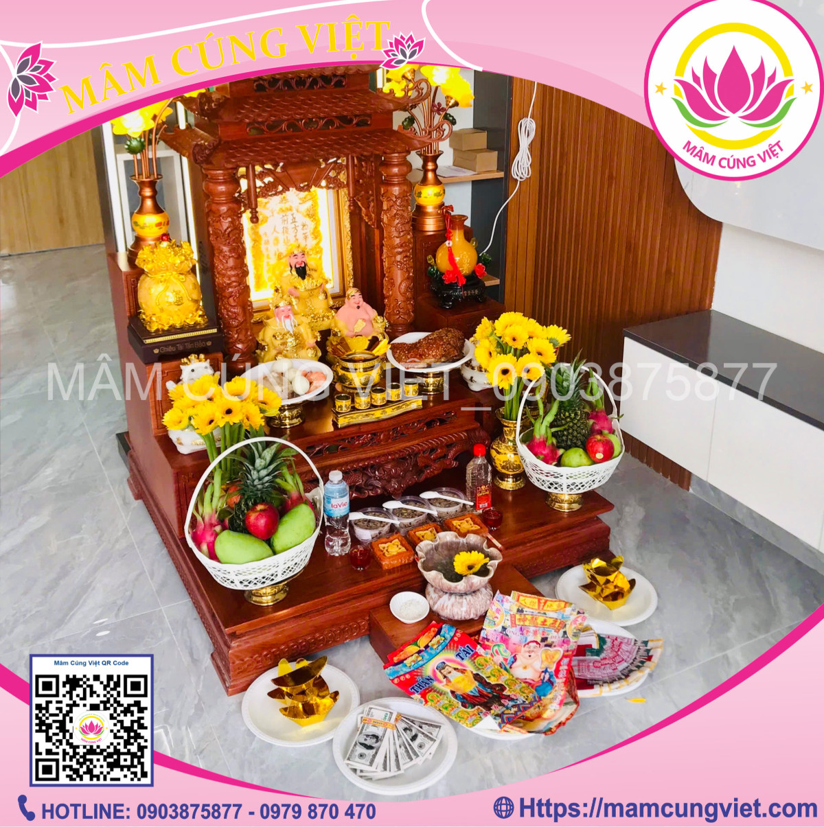 Bàn thờ Thần Tài với lễ vật được bày biện trang trọng