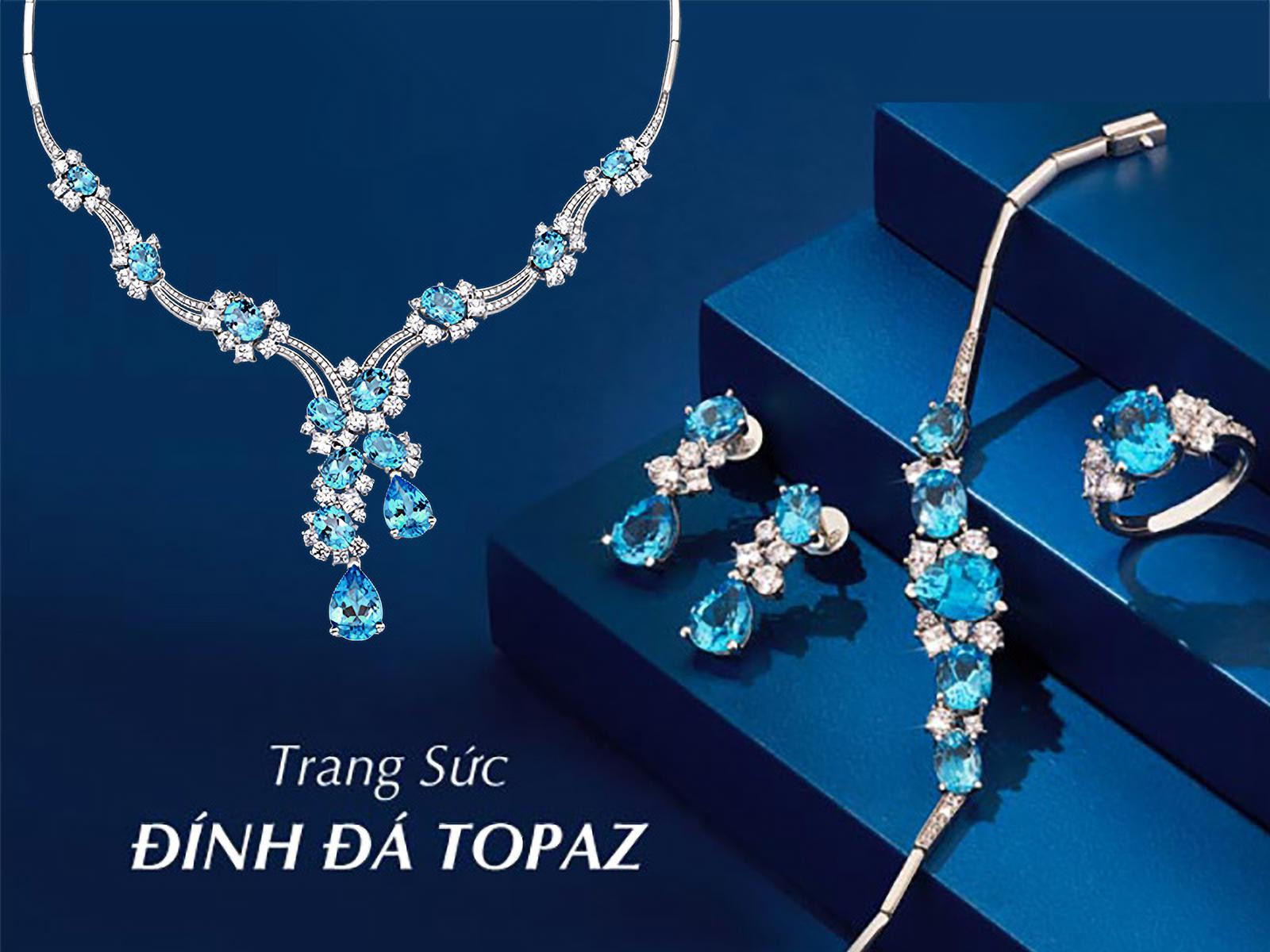 Bộ trang sức đá Topaz thiên nhiên màu xanh