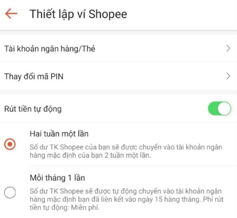 Cài đặt chuyển tiền tự động từ số dư tài khoản Shopee sang ngân hàng