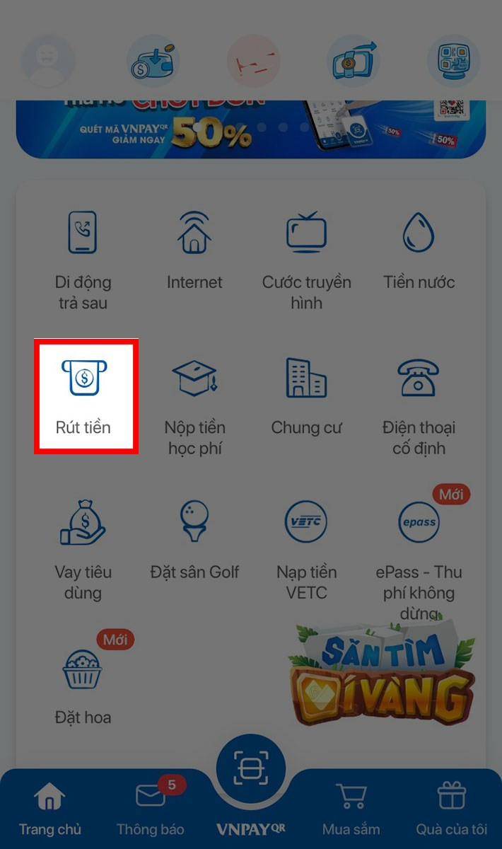 Chọn chức năng rút tiền VNPAY để chuyển khoản tới ngân hàng MB Bank