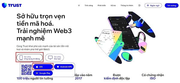 Chọn "Tải xuống" với biểu tượng điện thoại để cài đặt Trust Wallet