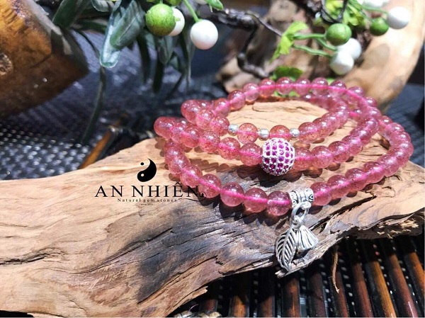Chuỗi vòng thạch anh dâu tây hồng tinh khiết, biểu tượng tình yêu và năng lượng tích cực