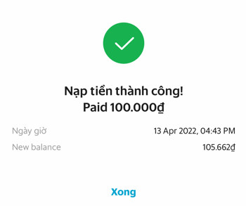 Giao dịch nạp tiền thành công cho ví Grab Driver