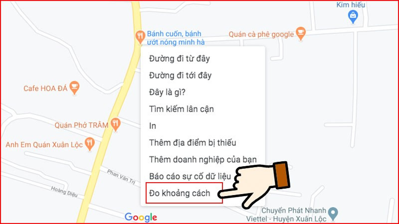 Giao diện Google Maps trên máy tính với menu chuột phải chọn "Đo khoảng cách"