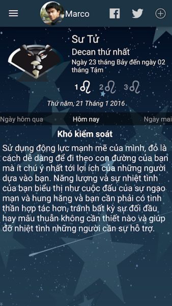 Giao diện ứng dụng Tử vi của tôi với tính năng xem tử vi hàng ngày
