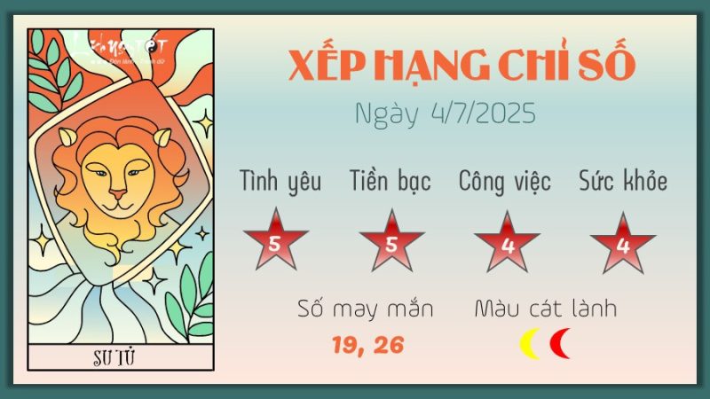 Hình ảnh minh họa về tử vi ngày 4/7/2025 cho cung Sư Tử, mang lại lời khuyên về năng lượng tích cực và may mắn trong ngày.