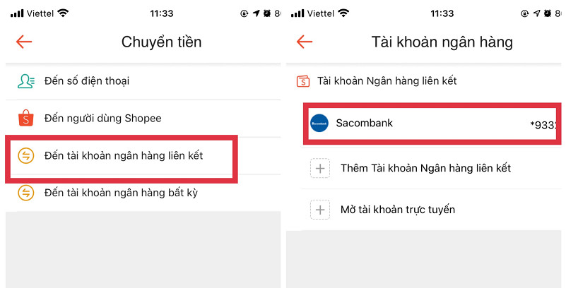 Lựa chọn chuyển tiền đến tài khoản ngân hàng liên kết trong ứng dụng ShopeePay