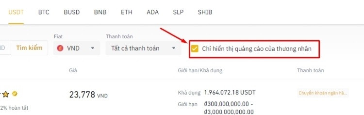 Lựa chọn hiển thị quảng cáo của thương nhân uy tín trên Binance P2P để rút tiền