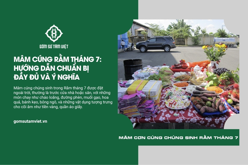 Mâm cúng chúng sinh Rằm tháng 7 đặt ngoài trời với các lễ vật chay