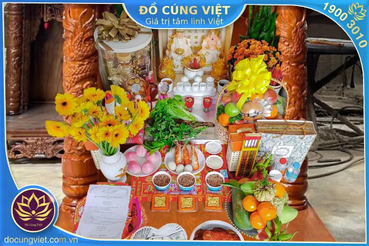 Mâm cúng ngày vía Thần Tài đầy đủ lễ vật trên bàn thờ