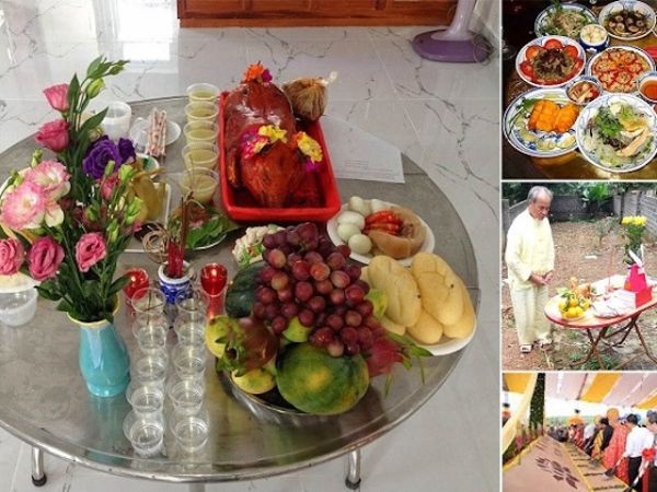 Mâm cúng sửa mộ đầy đủ với hoa quả, xôi gà và các vật phẩm tâm linh