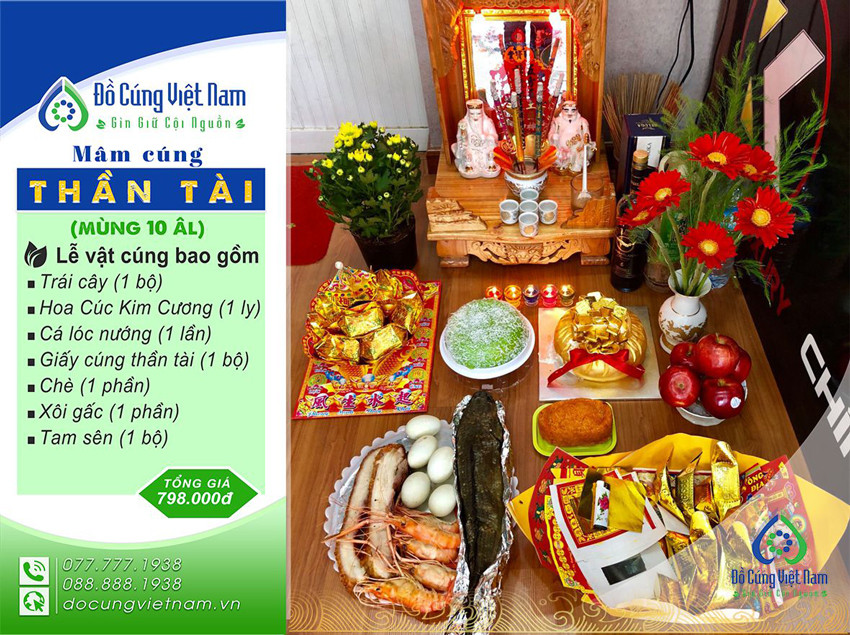 Mâm lễ vật cúng thần linh thổ địa đầy đủ bao gồm hoa quả, tam sên và tiền vàng