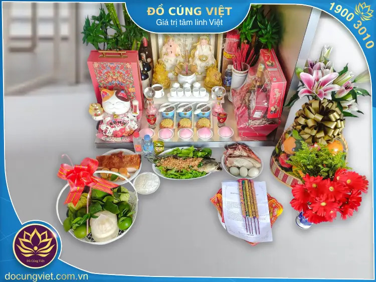 Mâm lễ vật cúng vía Thần Tài đầy đủ và trang trọng