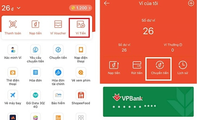 Màn hình chọn chức năng Chuyển tiền từ ví ShopeePay