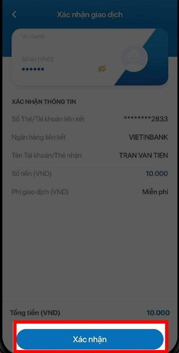 Màn hình xác nhận thông tin trước khi chuyển tiền từ VNPAY về MB Bank