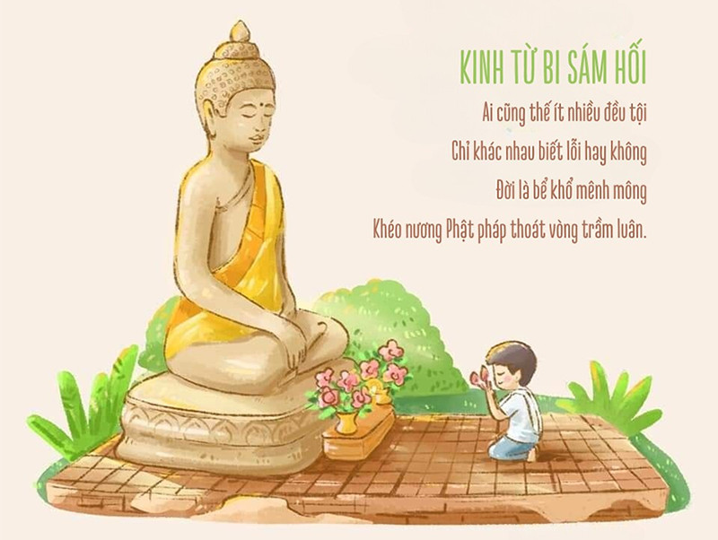 Một tượng Phật với ánh sáng, biểu tượng cho sự tiêu trừ nghiệp chướng qua thực hành sám hối