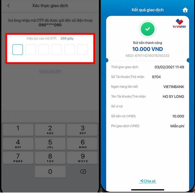 Nhập mã OTP để hoàn tất quá trình chuyển tiền từ VNPAY sang MB Bank