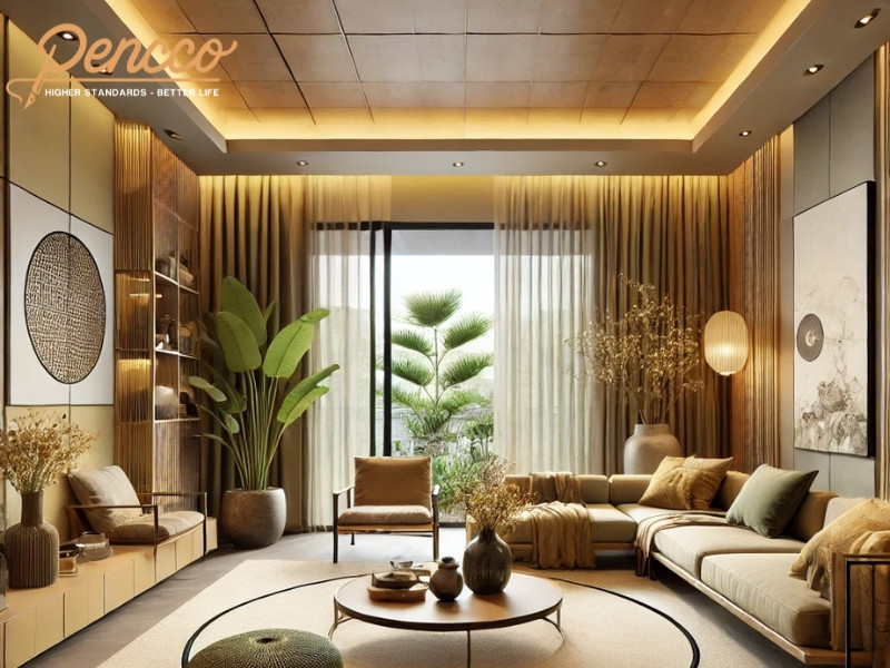 Phòng khách hiện đại dành cho tuổi Thân mệnh Thổ với tường màu vàng, nâu làm nền
