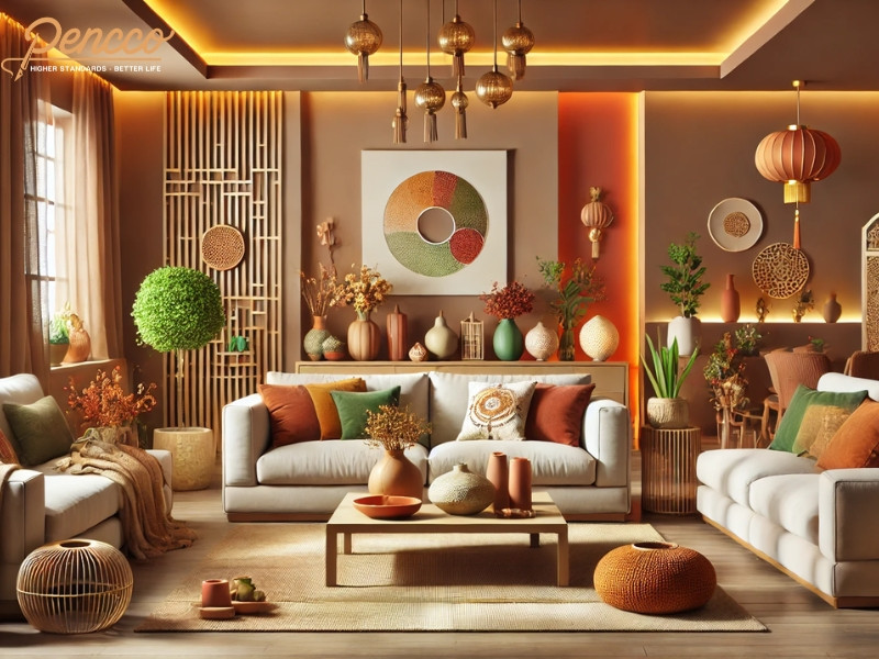 Phòng khách hiện đại với tông nâu, vàng đậm, kết hợp điểm nhấn xanh pastel nhẹ nhàng, hài hòa phong thủy cho mệnh Thổ