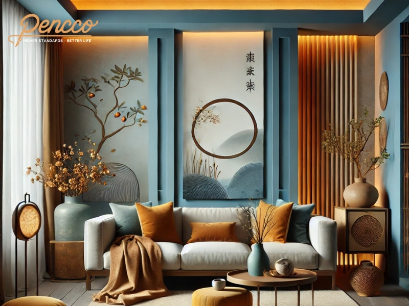 Phòng khách với tông xanh dương chủ đạo, điểm xuyết gối vàng đất và chi tiết nâu, cam, tạo sự cân bằng phong thủy cho tuổi Mùi mệnh Thủy