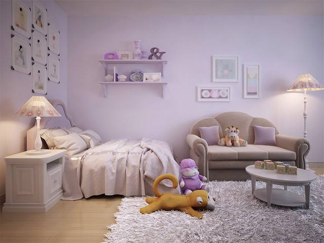 Phòng ngủ ấm cúng với tông màu tím nhạt, phù hợp với bản mệnh Hỏa của Ất Tỵ 1965