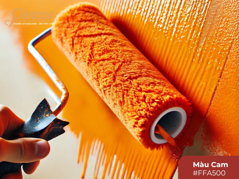 Sơn màu cam được lăn mịn trên tường