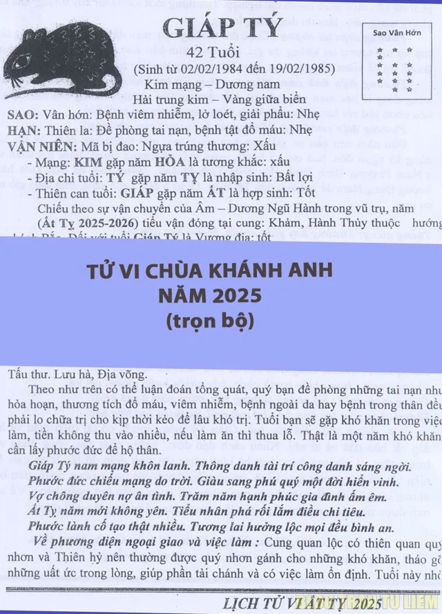 Tập sách chùa Khánh Anh tử vi 2025 trọn bộ, cung cấp cái nhìn toàn diện về vận hạn năm Ất Tỵ cho các tuổi