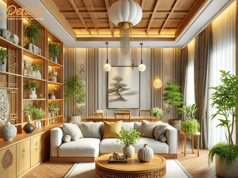 Thiết kế phòng khách cho tuổi Sửu mệnh Mộc với nội thất gỗ và cây xanh
