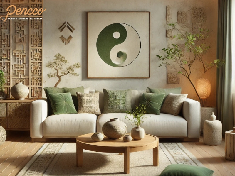 Thiết kế phòng khách cho tuổi Sửu mệnh Thổ với điểm nhấn màu xanh lá và chất liệu đá tự nhiên
