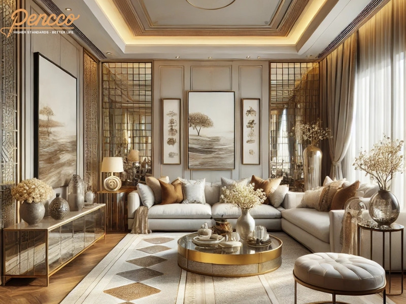 Thiết kế phòng khách cho tuổi Sửu mệnh Thủy với điểm nhấn màu nâu và vật liệu kính
