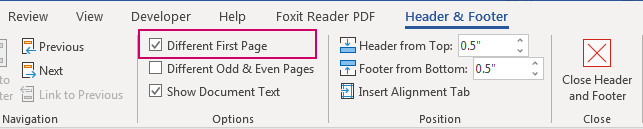 Thiết lập tùy chọn Different First Page để bỏ qua đánh số trang đầu tiên trong Word