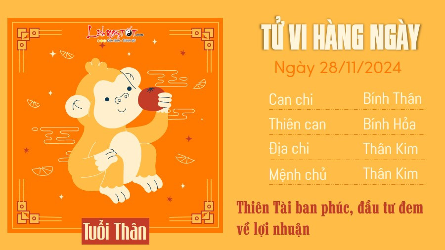 Tử vi ngày 28 tháng 11 năm 2024 cho tuổi Thân, tài lộc khởi sắc nhưng cần chú ý sức khỏe
