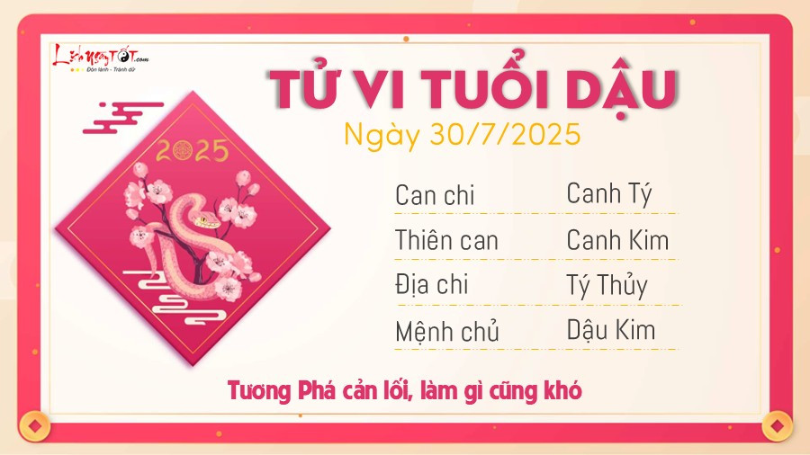 Tử vi ngày 30 tháng 7 năm 2025 của tuổi Dậu