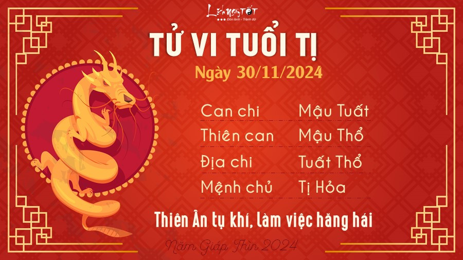 Tử vi tuổi Tỵ ngày 30/11/2024, biểu tượng con rắn linh hoạt với vận may bất ngờ.