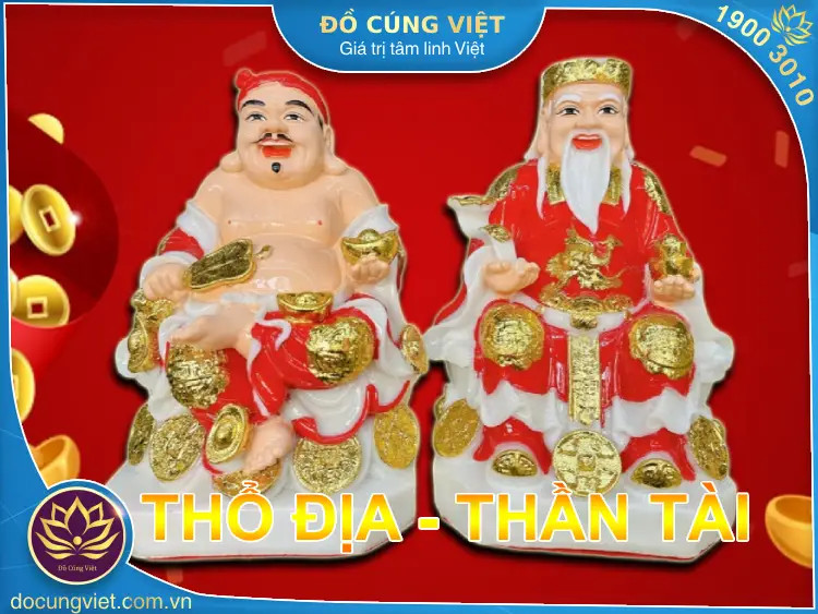 Tượng Thần Tài và Thổ Địa trên bàn thờ cùng lễ vật cúng