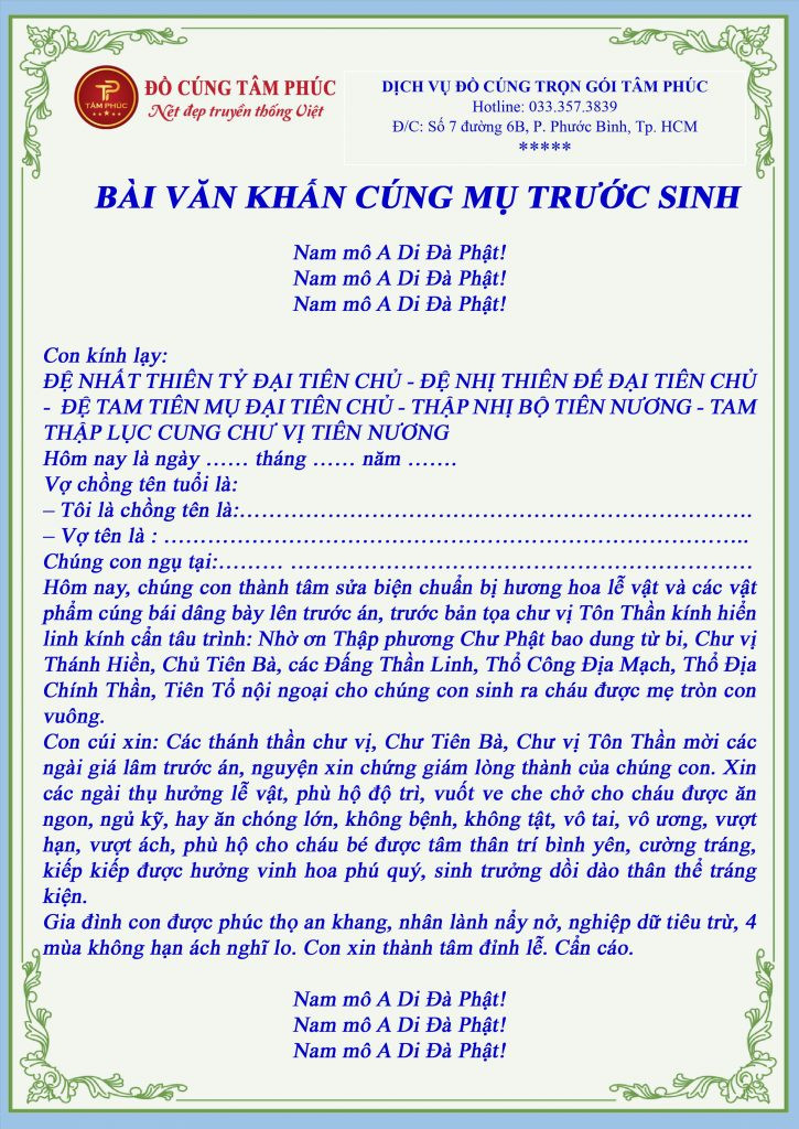 Văn khấn cúng Mụ trước khi sinh