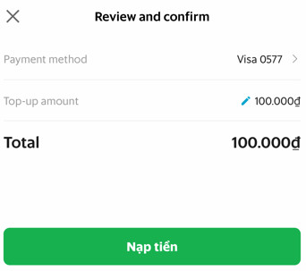 Xác nhận số tiền muốn nạp vào ví tín dụng Grab Driver