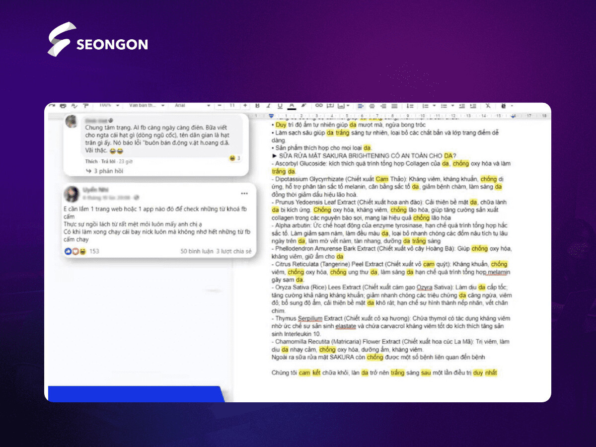 ATP Content sẽ tô màu các từ vi phạm, hỗ trợ hiệu quả khi check từ vi phạm chính sách Facebook