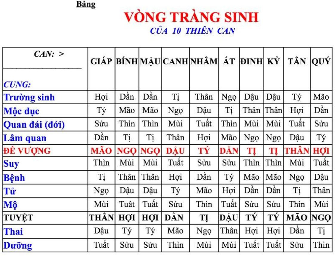 Biểu đồ Vòng Tràng Sinh giải thích chu kỳ vận mệnh trong xem tuổi con
