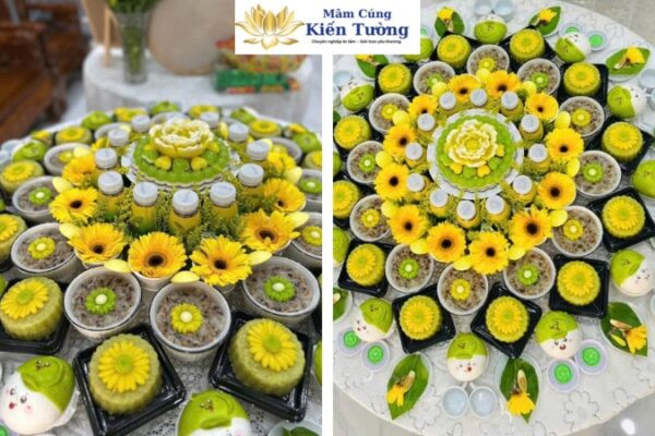 Các lễ vật cúng căn cho bé trai 12 tuổi được bày biện chu đáo trên bàn thờ