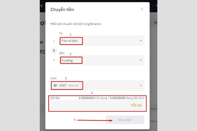 Giao diện chuyển tiền từ ví sang ví khác trên Binance