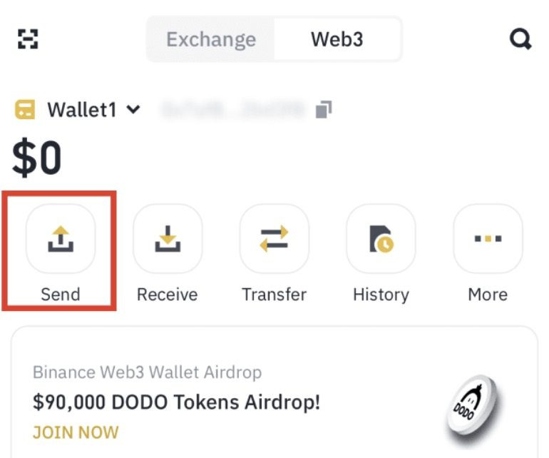 Giao diện gửi token từ ví Web3 sang ví Spot Binance