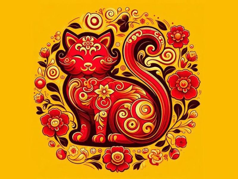 Hình ảnh một chú mèo đang ngồi thư thái trên cành hoa anh đào, tượng trưng cho vận may và sự tĩnh tâm của tuổi Mão trong ngày 27/8/2025.